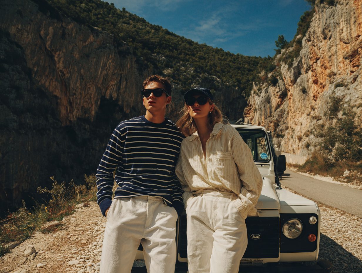 Two people leaning on a leased off-road vehicle on a mountain road