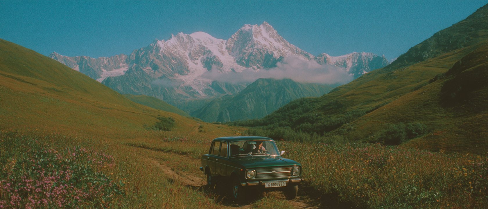 Dark green car on a track through an alpine valley