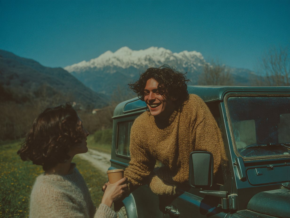 Two friends sharing a coffee at a car window in the mountains