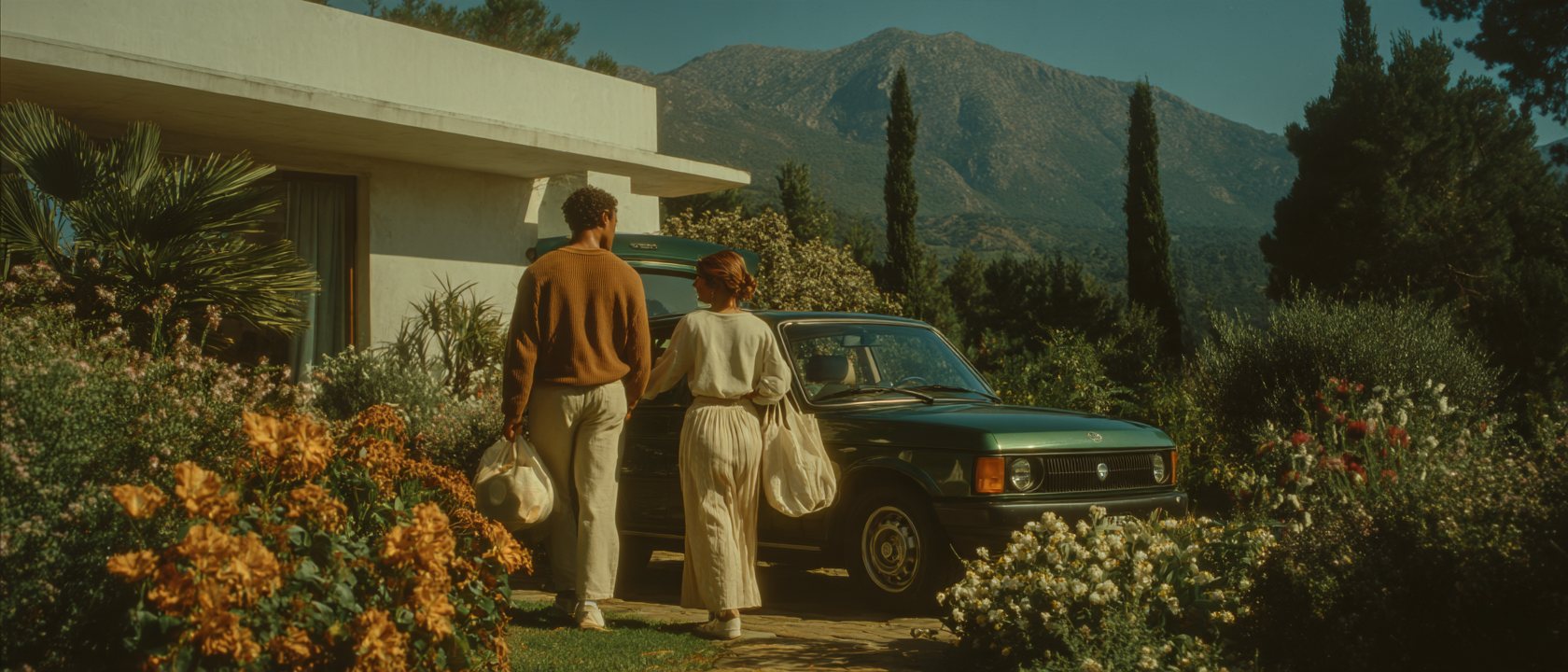 Couple unloading a car at a modern house in the hills