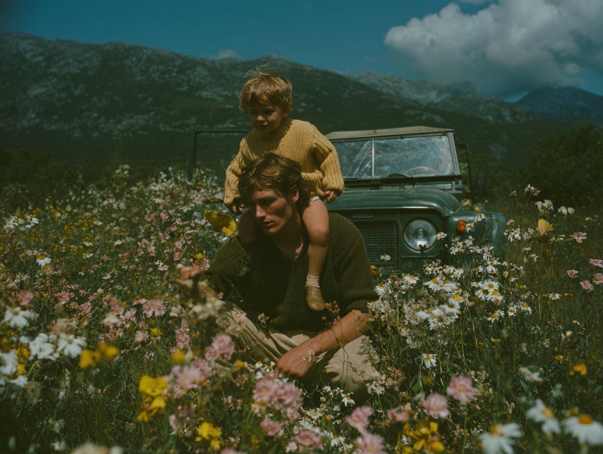 Father with a child on his shoulders in a meadow beside the family car