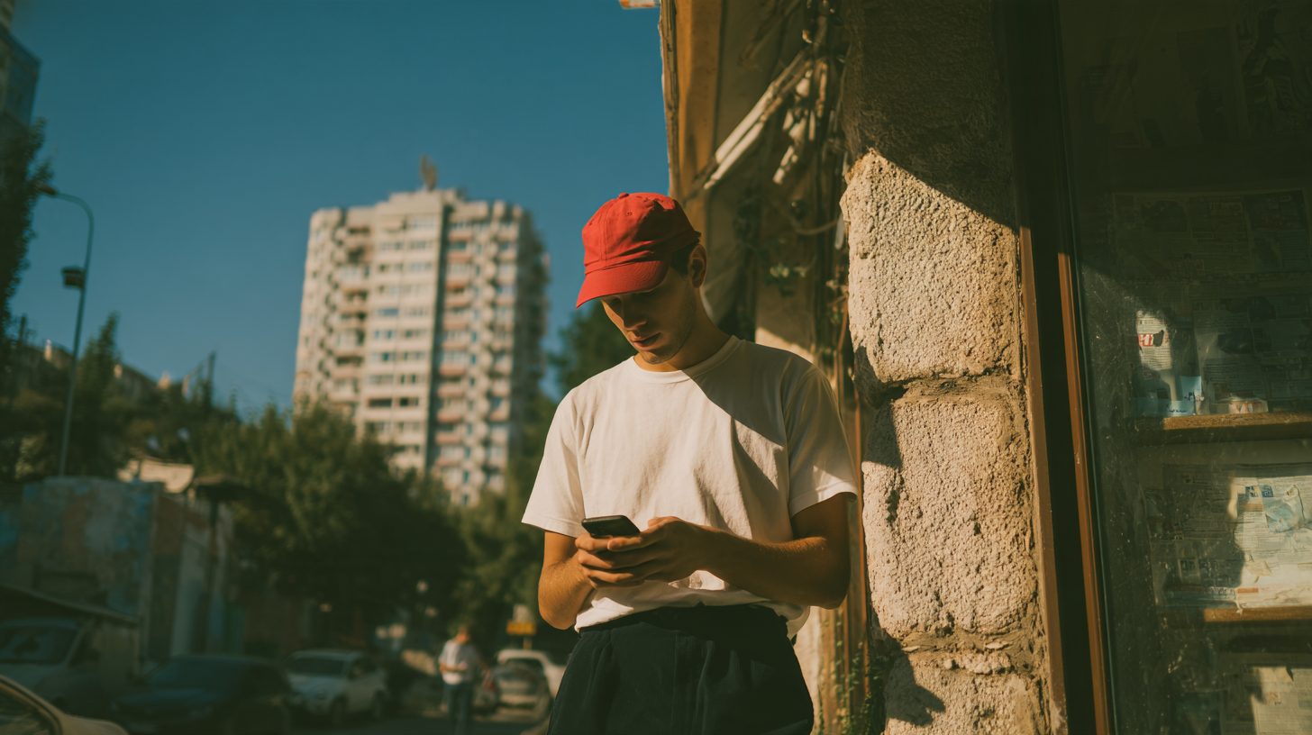 Customer checking his phone on a city street