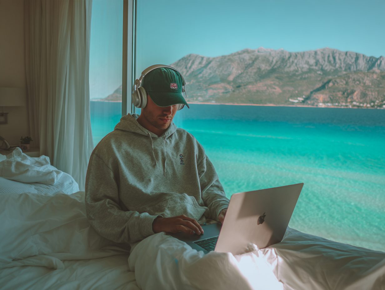 Working on a laptop with a view of the sea