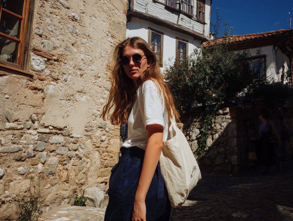 Woman walking through an old town street