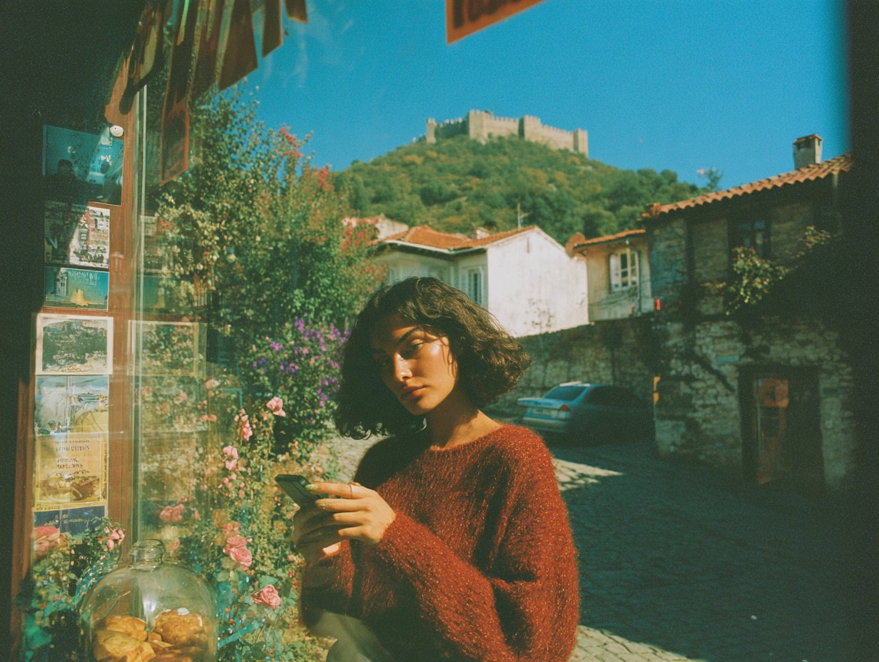 Woman paying with her phone at a bakery in an old town