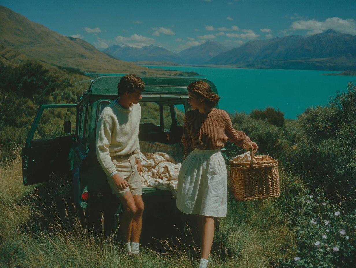 Couple unpacking a picnic from a car above a turquoise lake