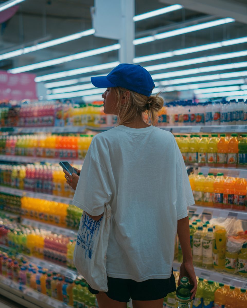 Shopper checking her phone in a supermarket aisle